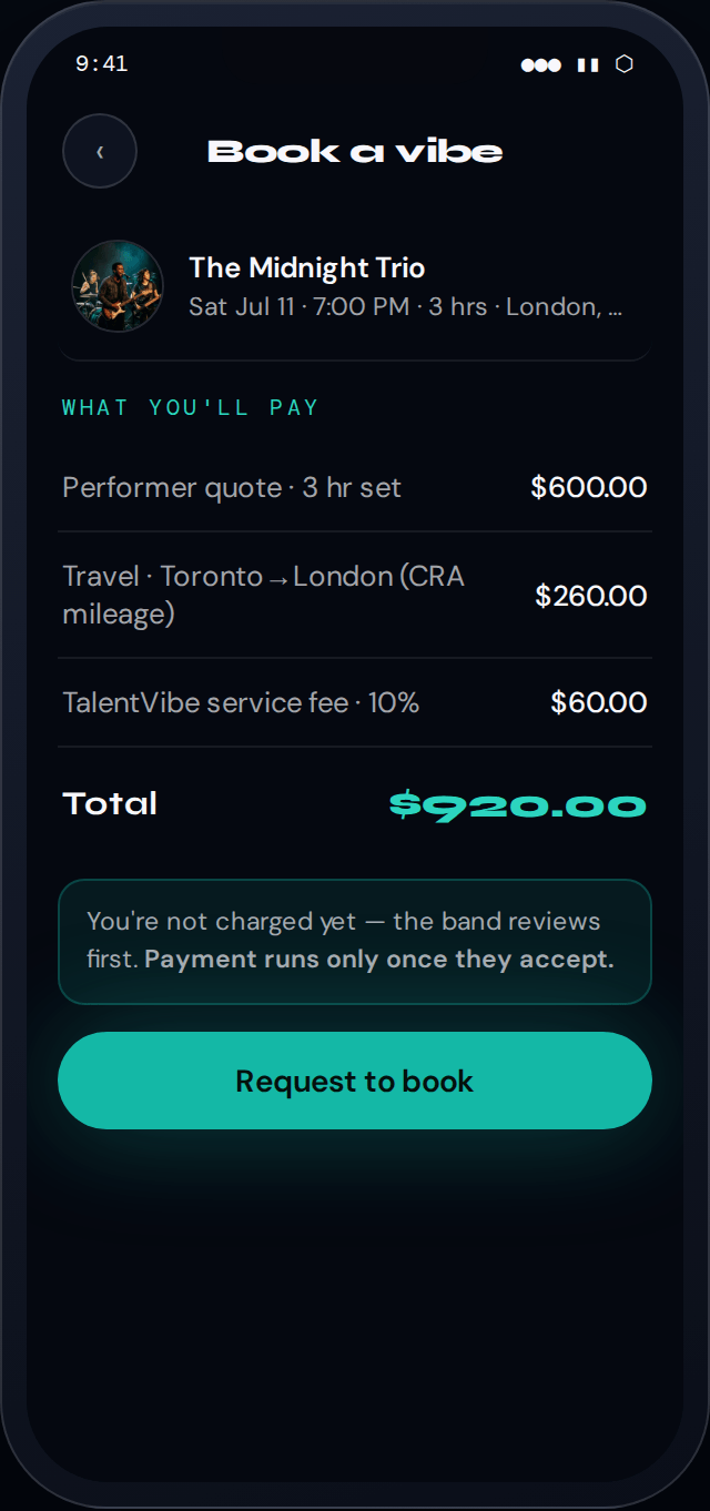 The Book a Vibe price breakdown with a Request to book button on TalentVibe