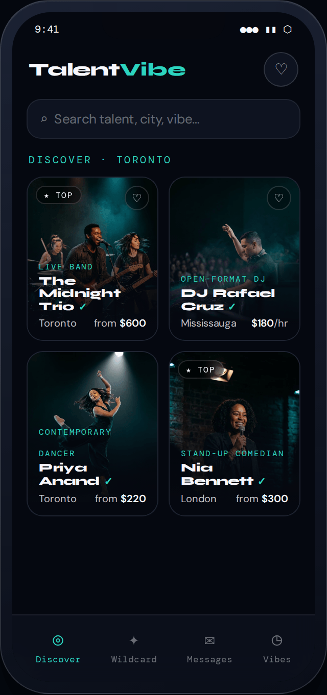 Clients browsing and booking verified local talent on TalentVibe