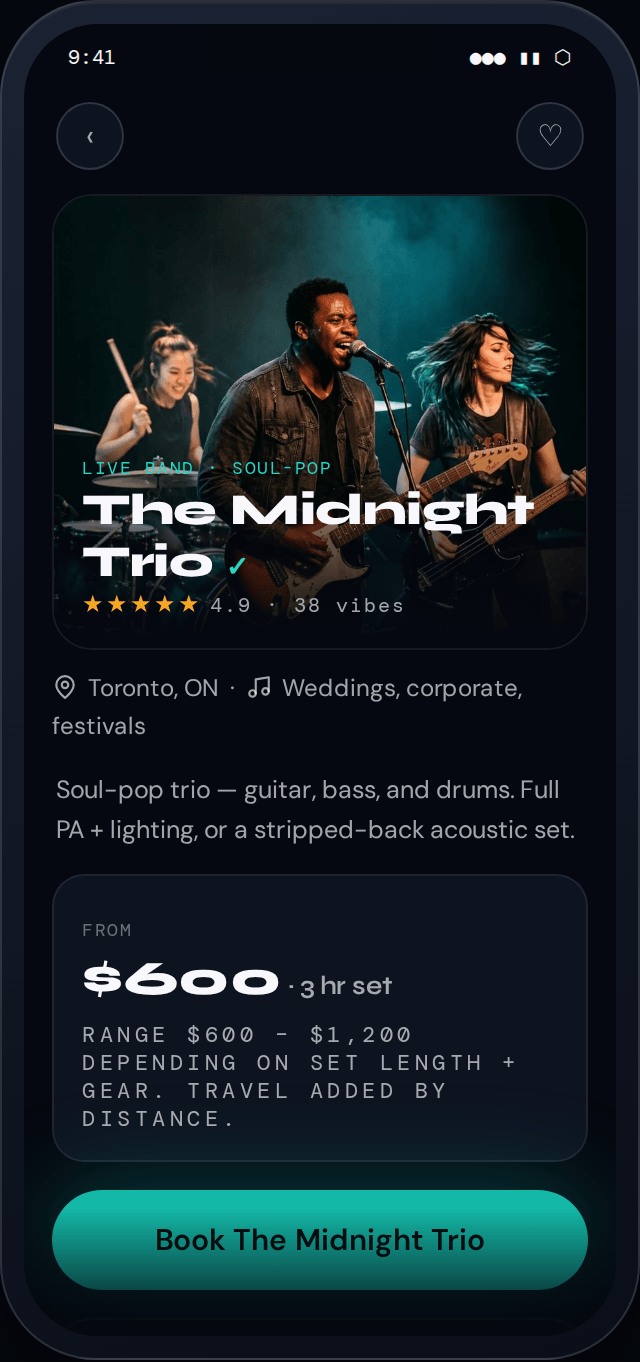 A verified talent profile on TalentVibe: photo, rating, reviews, and Book a Vibe