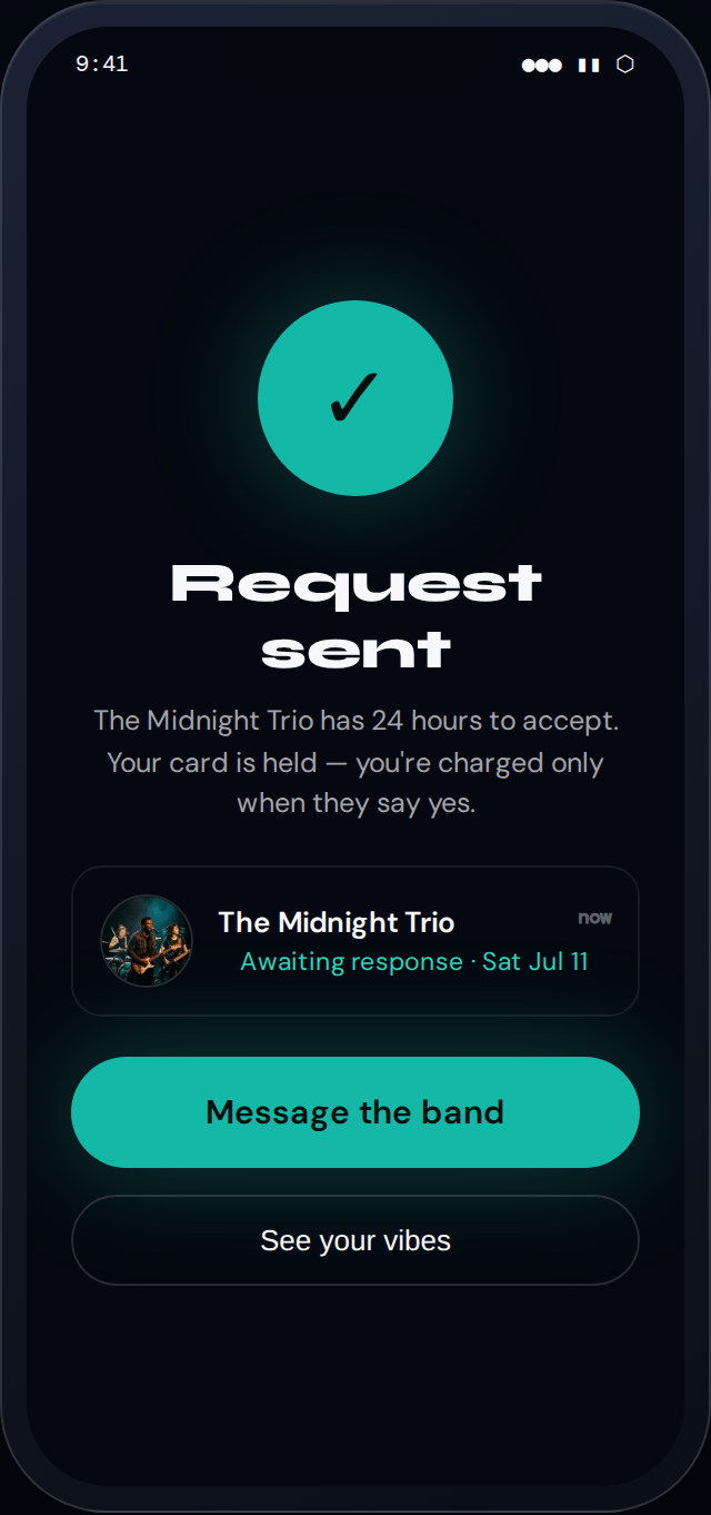 A Request sent confirmation with a green check and the card held on TalentVibe
