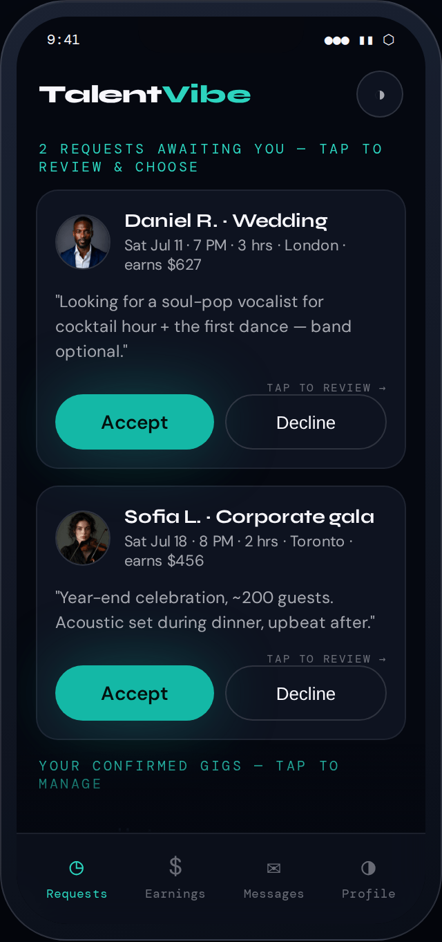 Talent accepting incoming gig requests and getting paid on TalentVibe