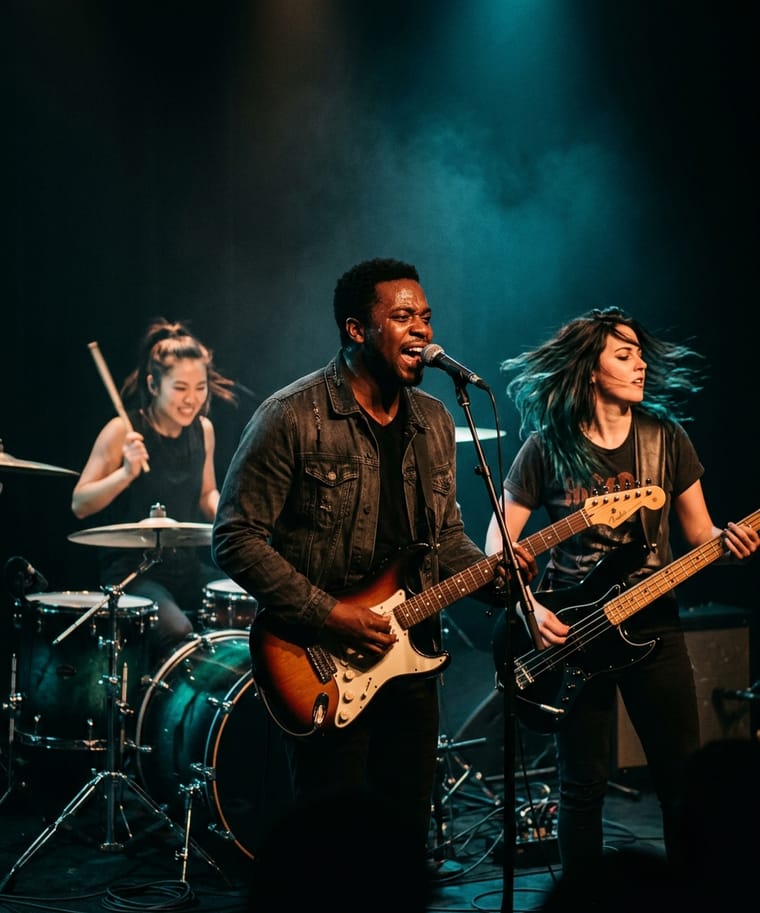 A three-piece live band performing on a teal-lit stage